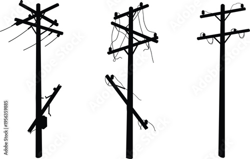 Damaged utility pole silhouette, broken crossarm wires, electrical distribution failure, urban infrastructure maintenance, electricity grid system, power line repair, industrial energy design