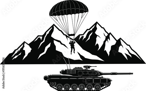 Black silhouette of parachuter descending over tank and mountains