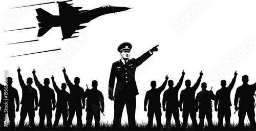 Black silhouette of military officer leading crowd with raised arms and fighter jet flying overhead
