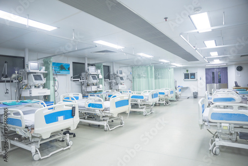 Photography Modern hospital ward with empty blue beds in clean bright medical facility inter