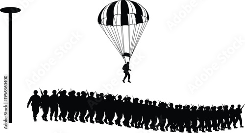 Black silhouette of soldier parachuting down with line of soldiers marching below parachute