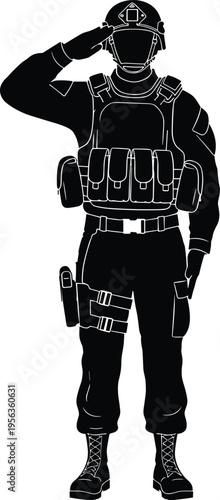 Black silhouette of soldier saluting with tactical gear helmet