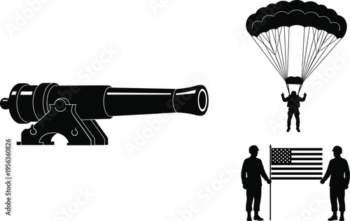 Black silhouettes of cannon parachuter and soldiers with american flag