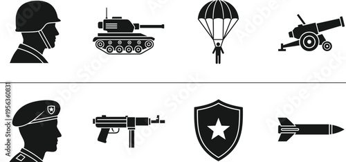 Black silhouettes of military and soldiers on white background