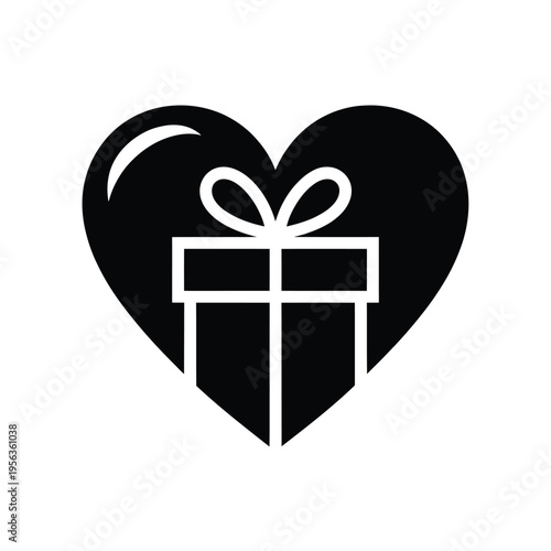 A black heart shape contains a gift with a ribbon and bow