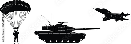 Black silhouettes of military parachuter tank and jet