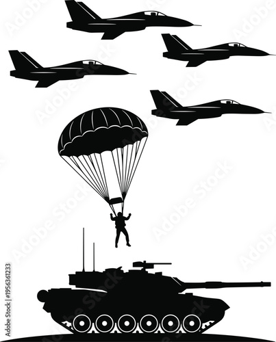 Black silhouettes of military vehicles and aircraft with a parachutist fighter jets tank
