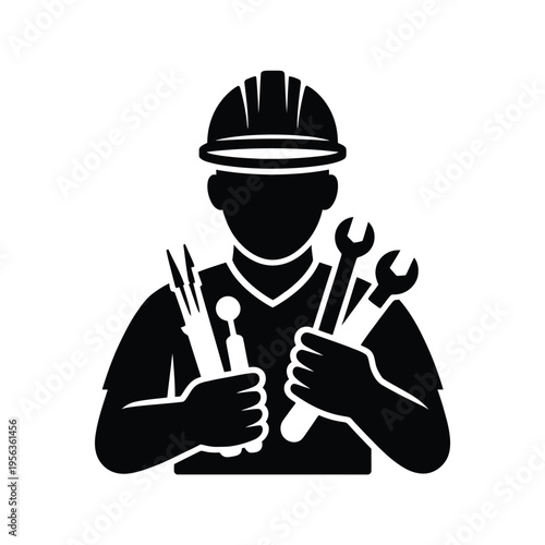 Construction worker icon featuring tools and protective headwear