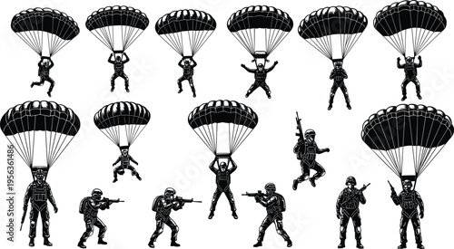 Black silhouettes of parachuters and soldiers with guns