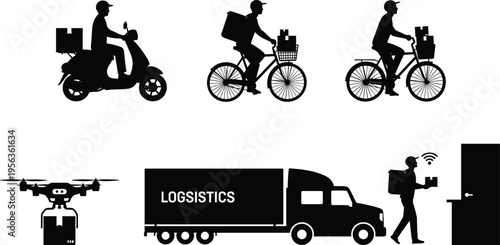 Delivery silhouettes, scooter courier, bicycle delivery, drone shipping, truck transport, package service, logistics, express, parcel, shipment, goods, supply, distribution, transport, commerce