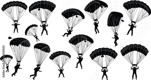 Black silhouettes of parachuters with open parachutes on white background