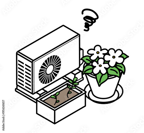 Blocked Outdoor AC Unit with Plant Obstruction Isometric View, Poor Ventilation Concept Vector