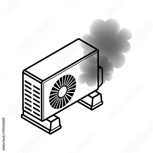 Outdoor Air Conditioner Emitting Smoke Isometric View, Electrical Hazard and Overheating Concept