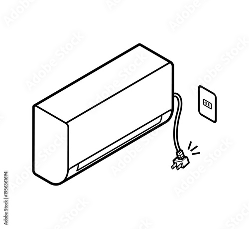 Unplugged Air Conditioner Indoor Unit Isometric View, Power Supply Issue and Startup Failure Concept