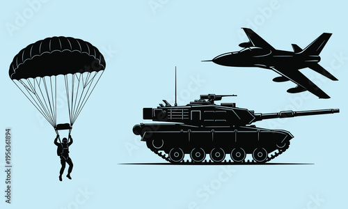 Black silhouettes of parachuter tank and jet on light blue background soldier fighter jet