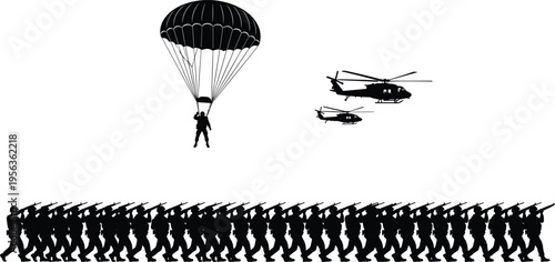 Black silhouettes of soldier parachuting with helicopters and marching troops parachute