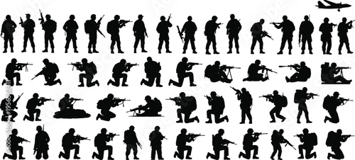 Black silhouettes of soldiers in various combat positions 1