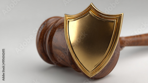 Symbol of justice and defense: a wooden gavel with a prominent golden shield, representing legal protection and safeguarding rights