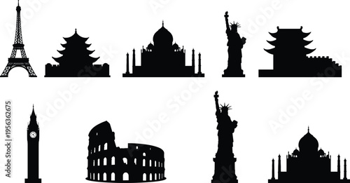 Famous world landmarks silhouettes, Eiffel Tower, Taj Mahal, Statue of Liberty, Big Ben, Colosseum, global architecture icons, travel, tourism, flat vector illustration