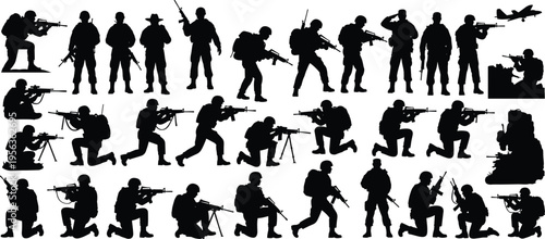 Black silhouettes of soldiers in various combat positions