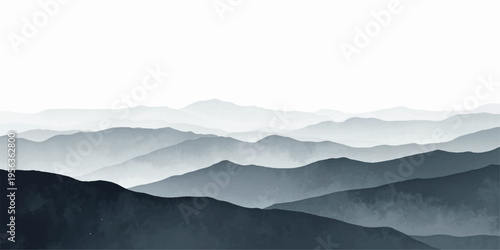 Watercolor mountain landscape in misty grey tones with layered peaks and fog effect.enveloping rolling mountain ranges creating a tranquil and mysterious atmosphere.