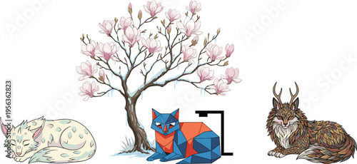 Fantasy animal illustration with geometric fox, floral tree, icy accents, magical creatures, perfect for storybooks, posters, fantasy art prints.