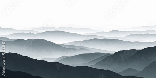 Watercolor mountain landscape in misty grey tones with layered peaks and fog effect.enveloping rolling mountain ranges creating a tranquil and mysterious atmosphere.