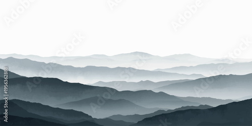 Watercolor mountain landscape in misty grey tones with layered peaks and fog effect.enveloping rolling mountain ranges creating a tranquil and mysterious atmosphere.
