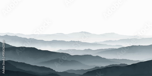 Watercolor mountain landscape in misty grey tones with layered peaks and fog effect.enveloping rolling mountain ranges creating a tranquil and mysterious atmosphere.