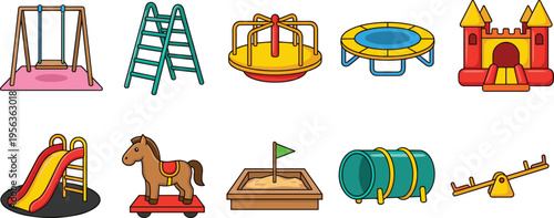 Colorful playground equipment illustration set featuring swings, slides, trampoline, bouncy castle, seesaw, sandbox, rocking horse, creative children’s activity collection.