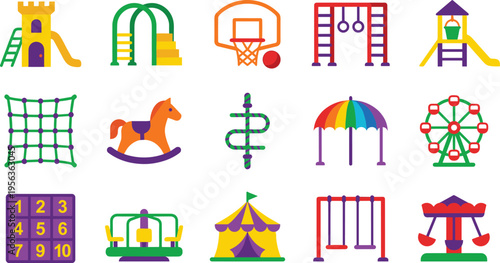 Colorful playground and amusement park icon illustration set featuring swings, slides, climbing nets, carousel, Ferris wheel, circus tent collection.