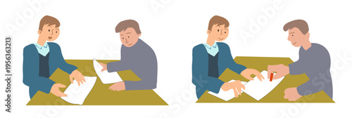 契約する営業マンと客、説明を受けて押印する場面の人物ベクターイラスト