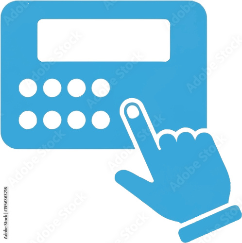 Blue digital security keypad with hand inputting secret code for smart home automation and building access authorization