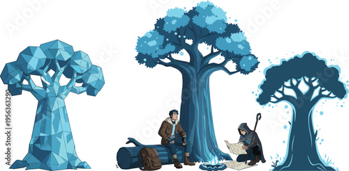 Fantasy blue trees with travelers, magical glowing forest, adventurers camping under tree, digital illustration, mystical nature, RPG inspired artwork