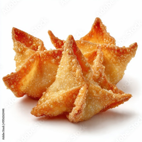Delicious Golden Brown Crispy Fried Wontons or Crab Rangoons, Savory Asian Appetizers Isolated on a Clean White Background for Menu and Culinary Advertising