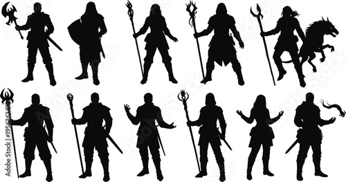 Fantasy character silhouettes, warrior mage rogue, RPG design, battle stances, magical weapons, beastmaster summoner, role‑playing art, medieval illustration, adventure template