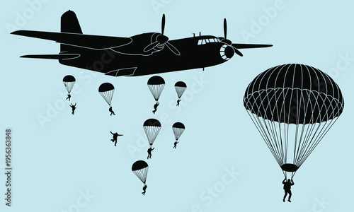 Military plane dropping black and gray parachuters against light blue sky airplane skydiver light blue background