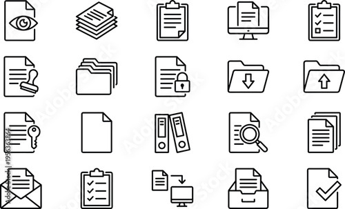 Document management line icons set for files, folders, data organization, secure records, digital archive, paperwork workflow, office administration tools