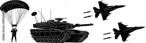 Military vehicles and aircraft silhouettes with parachutist tank fighter jets
