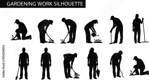 Gardening work silhouettes with tools, planting watering digging concept, garden maintenance landscaping, horticulture activity, outdoor labor, yard care illustration