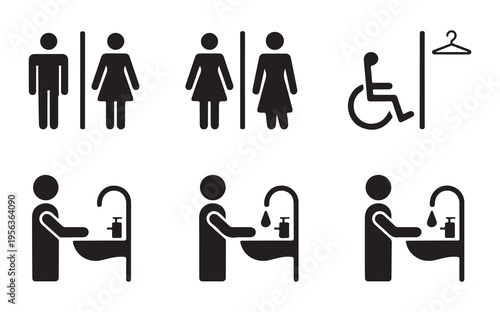 Restroom signage collection featuring gender neutral symbols and accessible facility icons for public spaces