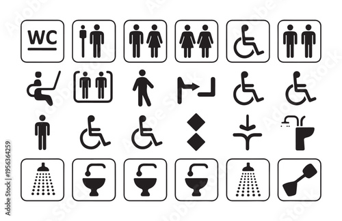 Comprehensive public utility icons for wc facilities including showers and baby changing stations in black