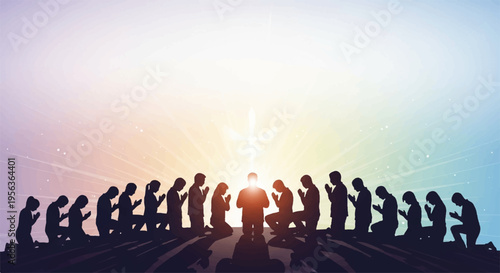 Silhouettes of people in a line at sunset teamwork and unity concept with diverse group