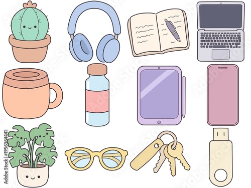 Cute Pastel Daily Objects Icon Set – Kawaii Lifestyle Illustration Collection