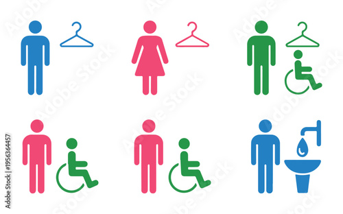 Colorful restroom facility icons with gender specific colors and accessible service symbols for easy navigation