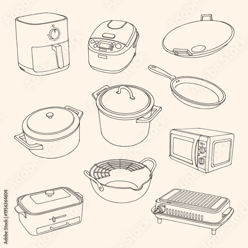 Hand-drawn Kitchen Cookware Vector Set: Air Fryer, Deep Fryer, Enamel Pot, Electric Grill, Electric Skillet, Microwave Oven, Pressure Rice Cooker, Skillet, Stock Pot, Wok Line Art Illustrations