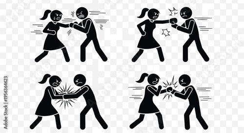 Self defense silhouettes, woman defending attacker, martial arts vector, fight protection icons, safety training illustration, combat techniques clipart, security graphic design