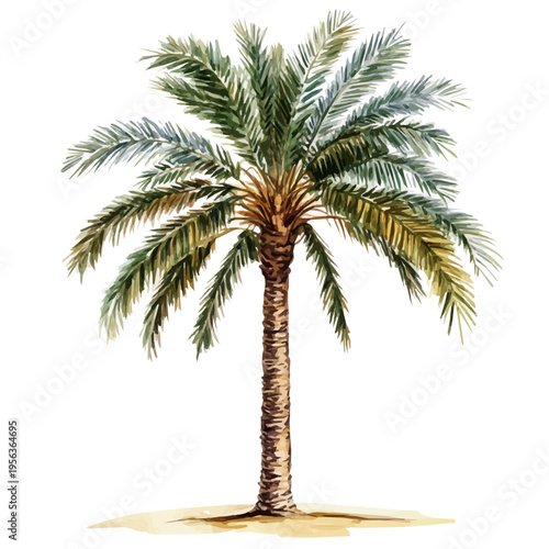 Date Palm Tree, watercolor vector portraying a joyful pose with colorful highlights, isolated on a white background.