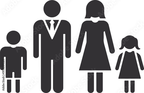 Family Silhouette Icon Vector Illustration with Parents and Children. Simple Black Family Symbol Isolated on White Background for Social, Healthcare and Community Design