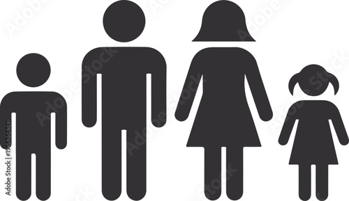 Family Silhouette Icon Vector Illustration with Parents and Children. Simple Black Family Symbol Isolated on White Background for Social, Healthcare and Community Design